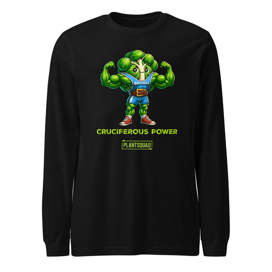 A Plantsquad Brussel Sprout "Cruciferous Power" - Unisex Long Sleeve T-Shirt featuring a muscly animated character resembling a brussel sprout, labeled "Bruulis" on its chest. The text below the character reads, "CRUCIFEROUS POWER" in yellow and "PLANTSQUAD" in green. Perfect for fans of vegan fitness and a plant-based lifestyle.