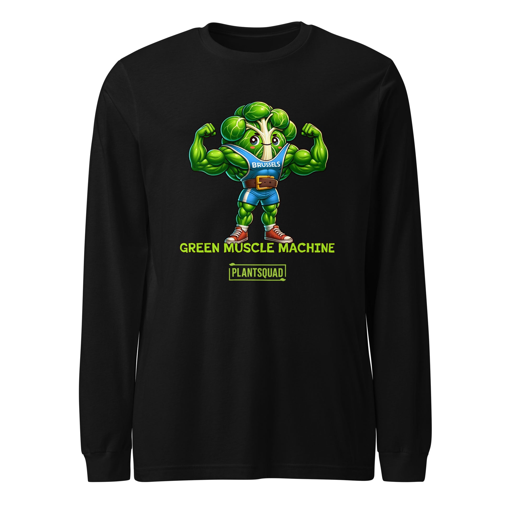 A Plantsquad Brussel Sprout "Green Muscle Machine" - Unisex Long Sleeve T-Shirt featuring a muscly Brussels sprout cartoon flexing its biceps. It wears a blue tank top labeled "BRUSSELS" and has text below that reads, "GREEN MUSCLE MACHINE" and "PLANTSQUAD." The design is vibrant and playful, making it perfect for those embracing a plant-based lifestyle.