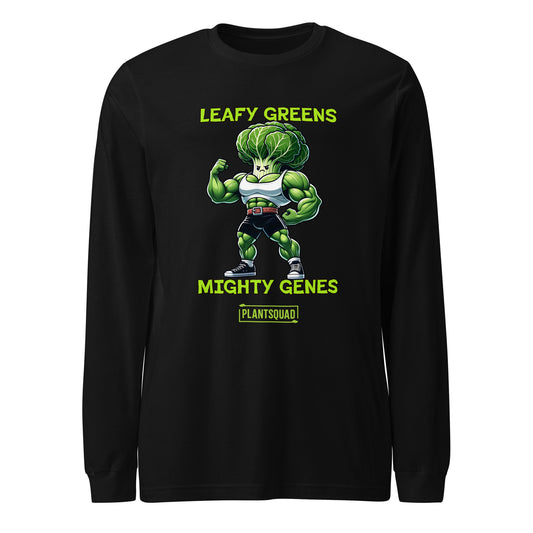 A Plantsquad Cabbage "Leafy Greens Mighty Genes" - Unisex Long Sleeve T-Shirt featuring a muscular cartoon broccoli flexing its arms, perfect for fitness enthusiasts. The broccoli, donning a white tank top and blue shorts, proudly sits under the text "LEAFY GREENS," with "MIGHTY GENES" below. At the bottom is the logo "PLANTSQUAD.