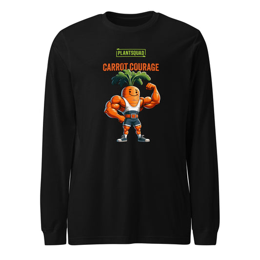 A Plantsquad Carrot "Carrot Courage" - Unisex Long Sleeve T-Shirt featuring a muscular cartoon carrot character flexing its arm muscles. The character has green leafy hair and is wearing orange and white sneakers. Perfect for fitness enthusiasts embracing a vegan lifestyle, the text above reads "PLANT SQUAD" and "CARROT COURAGE.