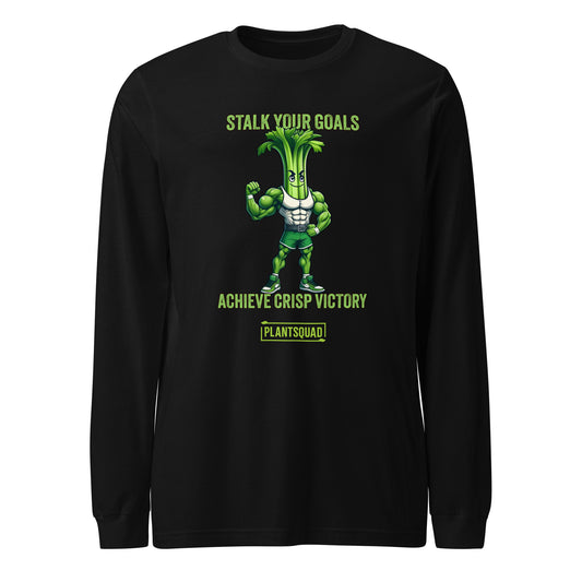 Plantsquad Celery "Stalk Your Goals Achieve Crisp Victory" - Unisex Long Sleeve T-Shirt: A black long-sleeve fitness shirt featuring a muscly celery cartoon flexing muscles with the text "Stalk Your Goals" above and "Achieve Crisp Victory" below. Perfect for embracing a vegan lifestyle, the words "Plantsquad" appear at the bottom.