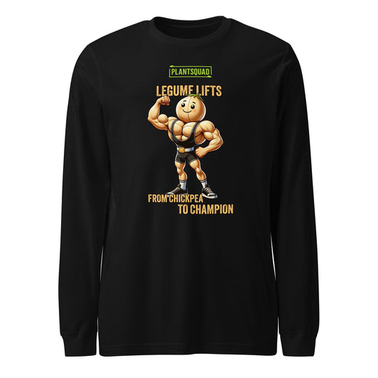 A Plantsquad Chickpea "Legume Lifts" - Unisex Long Sleeve T-Shirt featuring a muscly chickpea cartoon character flexing and wearing a weightlifting belt. The text above the character reads "PLANTSQUAD" and "Legume Lifts," and below, "From Chickpea to Champion." Perfect for fitness enthusiasts embracing the vegan lifestyle.