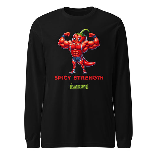 A Plantsquad Chilli "Spicy Strength" - Unisex Long Sleeve T-Shirt displaying a muscly chili cartoon character with muscles, flexing its arms. Below the character, the text reads "SPICY STRENGTH" and "PLANTSQUAD" in red and green fonts, respectively—perfect for fitness enthusiasts embracing a vegan lifestyle.