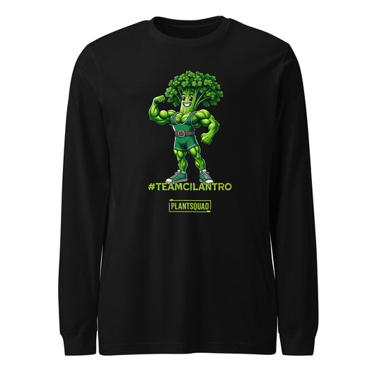 Here's the revised sentence:

A Plantsquad Cilantro "Team Cilantro" - Unisex Long Sleeve T-Shirt featuring an illustration of a muscular anthropomorphic broccoli character wearing a championship belt. Perfect for fitness enthusiasts, the text "#TEAMCILANTRO" is prominently displayed below the character, along with "PLANTSQUAD" in a green box beneath it.