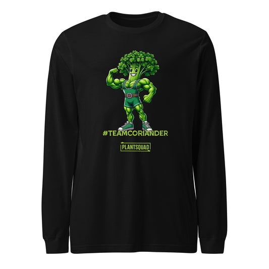 A Plantsquad Coriander "Team Coriander" - Unisex Long Sleeve T-Shirt featuring a muscly coriander cartoon character with a bodybuilder physique and a head of coriander leaves. The text "#TEAMCORIANDER" is displayed below the character, along with the logo "PLANTSQUAD" underneath. Perfect for fitness enthusiasts embracing a vegan lifestyle.