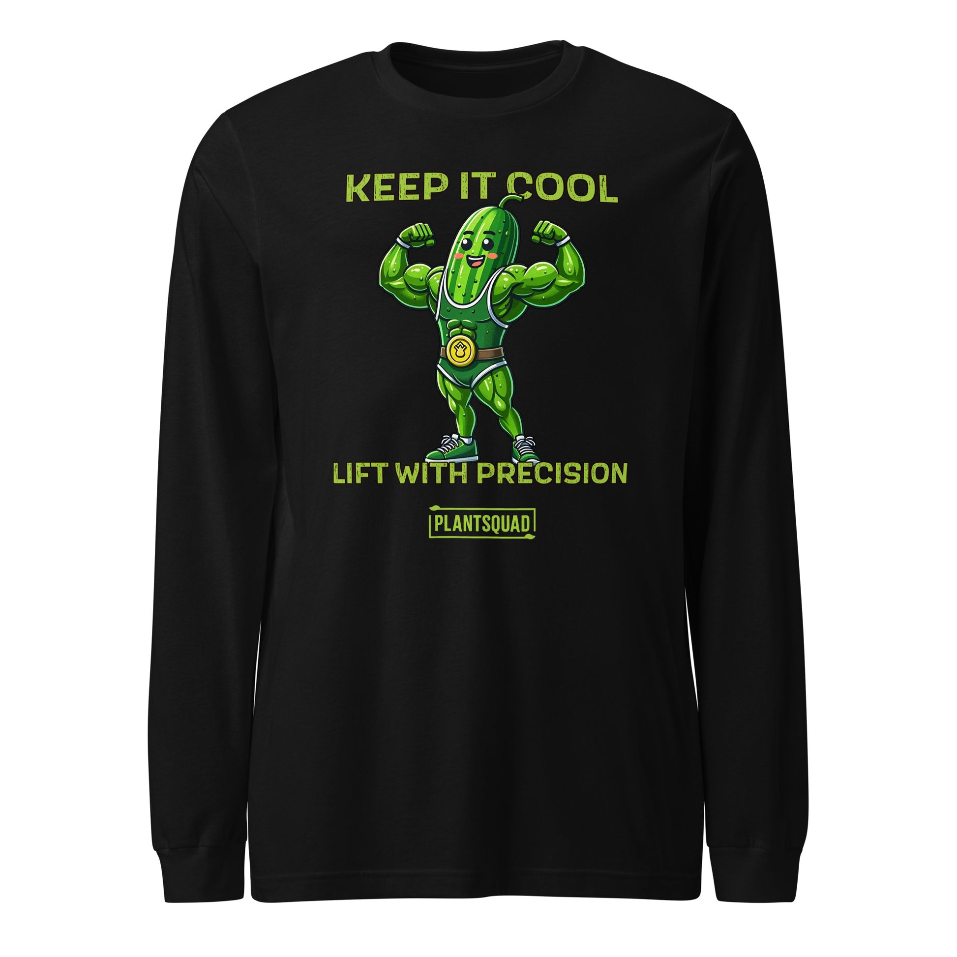 A Plantsquad Cucumber "Keep It Cool Lift With Precision" - Unisex Long Sleeve T-Shirt featuring a cartoon pickle character flexing muscular arms, wearing a green superhero-like costume. Above the pickle, text reads "KEEP IT COOL," and below, it says "LIFT WITH PRECISION." Ideal for those into vegan fitness and proudly part of the "PLANTSQUAD.