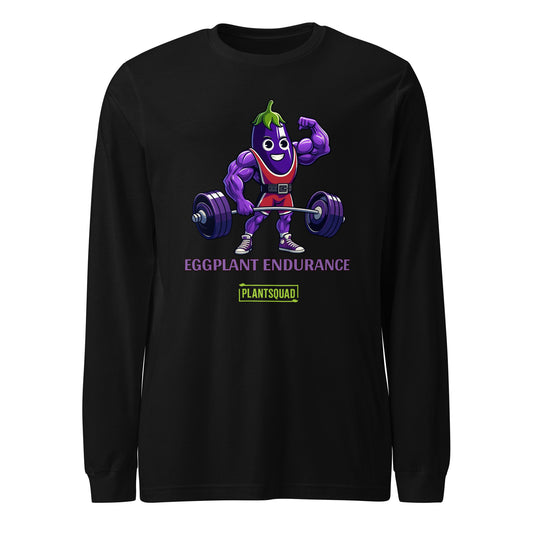 A black long-sleeve shirt featuring a cartoonish, muscular eggplant character lifting a barbell above its head. The text "EGGPLANT ENDURANCE" is written below the character, with the word "PLANTSQUAD" beneath in a green label. Perfect vegan fitness apparel for those who love plant-based clothing! The Plantsquad Eggplant "Eggplant Endurance" - Unisex Long Sleeve T-Shirt is perfect for showing off your plant-based strength and style.