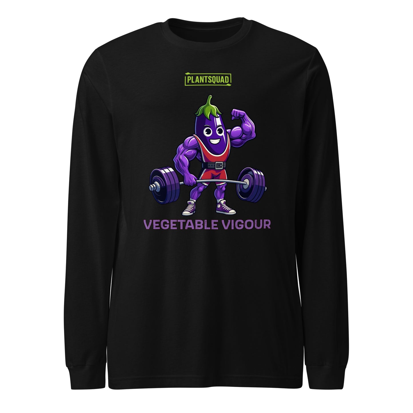 The Plantsquad Eggplant "Vegetable Vigour" - Unisex Long Sleeve T-Shirt features a cartoon eggplant character lifting a barbell. The eggplant is muscular, smiling, and wearing red shorts. Above the character, the text reads "PLANTSQUAD." Below, the text says "VEGETABLE VIGOUR" in bold purple letters—perfect for fitness enthusiasts embracing a vegan lifestyle.