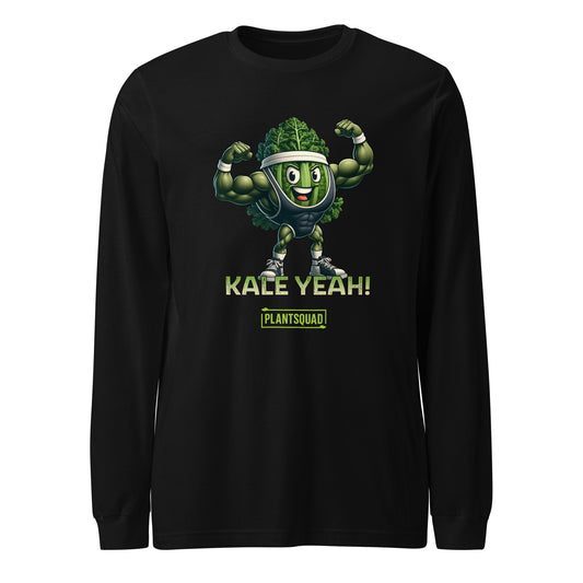 The Plantsquad Kale "Kale Yeah!" - Unisex Long Sleeve T-Shirt is a black, long-sleeve shirt featuring a cartoon kale character with muscular arms, wearing a headband and flexing. Perfect for fitness enthusiasts embracing the vegan lifestyle, the playful design boasts "KALE YEAH!" and "PLANTSQUAD" text beneath the character.