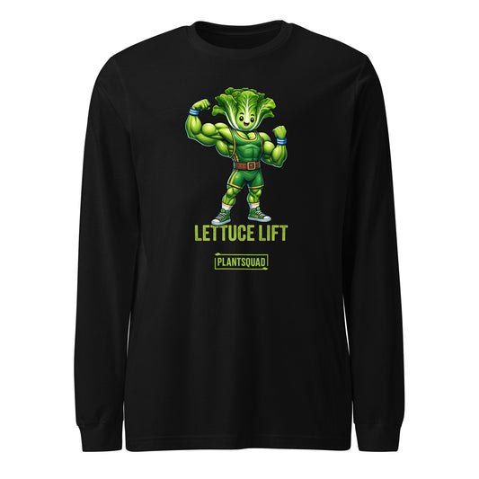 The Plantsquad Lettuce "Lettuce Lift" - Unisex Long Sleeve T-Shirt features a cartoon illustration of a muscular lettuce character flexing its arms. Below the character, the text reads "LETTUCE LIFT" in bold letters, with "PLANTSQUAD" written below in a smaller font—perfect for those embracing vegan fitness or a plant-based lifestyle.