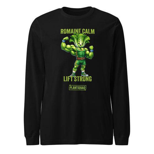 A Plantsquad Lettuce "Romaine Calm Lift Strong" - Unisex Long Sleeve T-Shirt featuring a muscular cartoon lettuce character flexing its arms. Above the character, the text reads "Romaine Calm," and below, "Lift Strong." Perfect for fitness enthusiasts embracing a vegan lifestyle, it features a green "PLANTSQUAD" logo at the bottom.