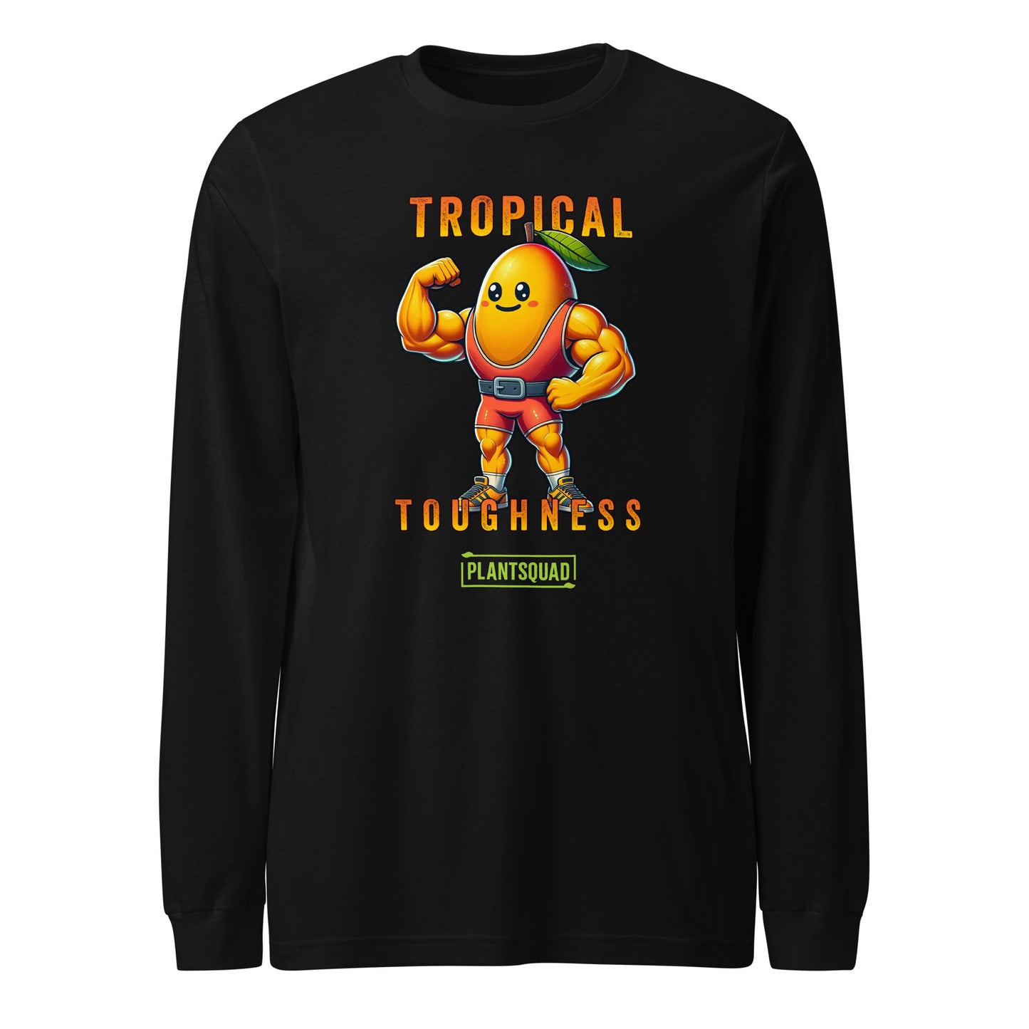 The Plantsquad Mango "Tropical Toughness" - Unisex Long Sleeve T-Shirt features a muscular, animated mango character dressed in red workout gear. The text "Tropical Toughness" is printed above and below the mango, with "Plantsquad" at the bottom. Perfect for fitness enthusiasts embracing a vegan lifestyle.