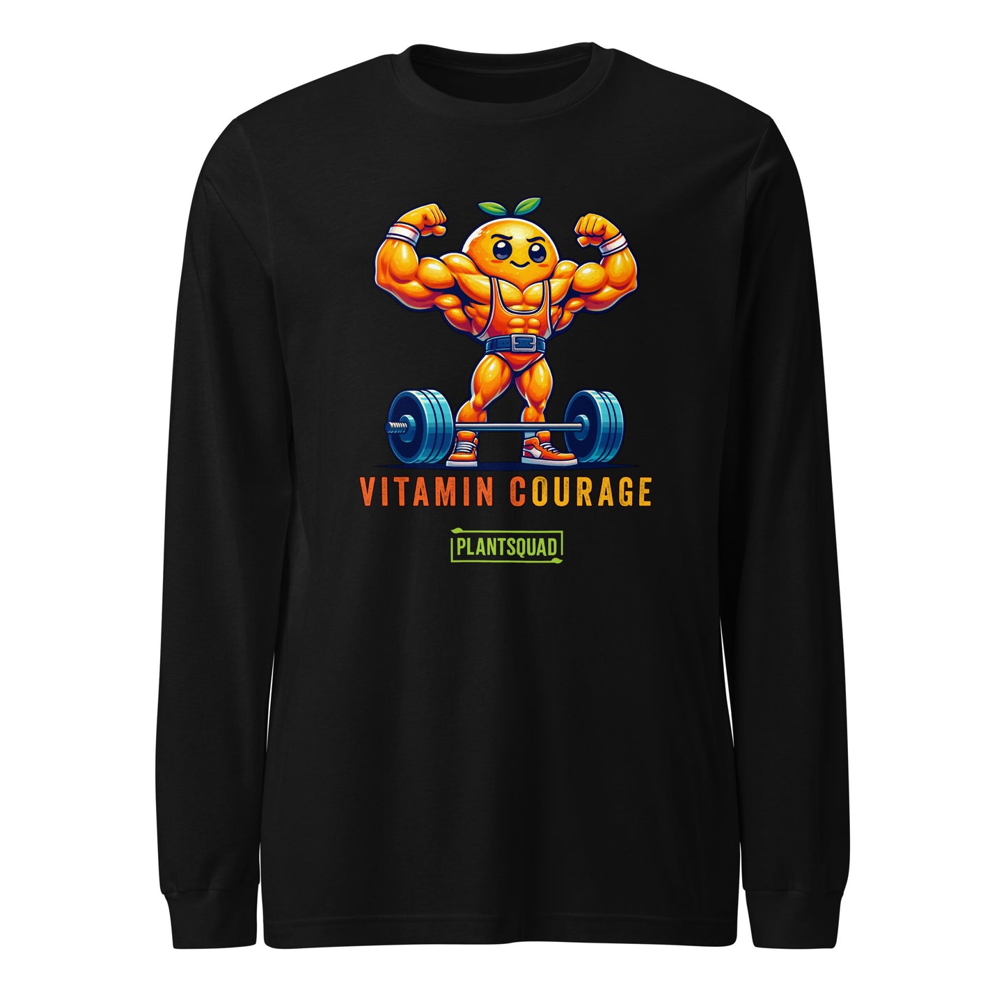 A black long-sleeve shirt features a muscular orange cartoon character lifting weights and flexing its arms. Text below the character reads "VITAMIN COURAGE" in orange letters and "PLANTSQUAD" in a green box, making it perfect for fitness enthusiasts embracing a vegan lifestyle. This is the Plantsquad Orange "Vitamin Courage" - Unisex Long Sleeve T-Shirt.