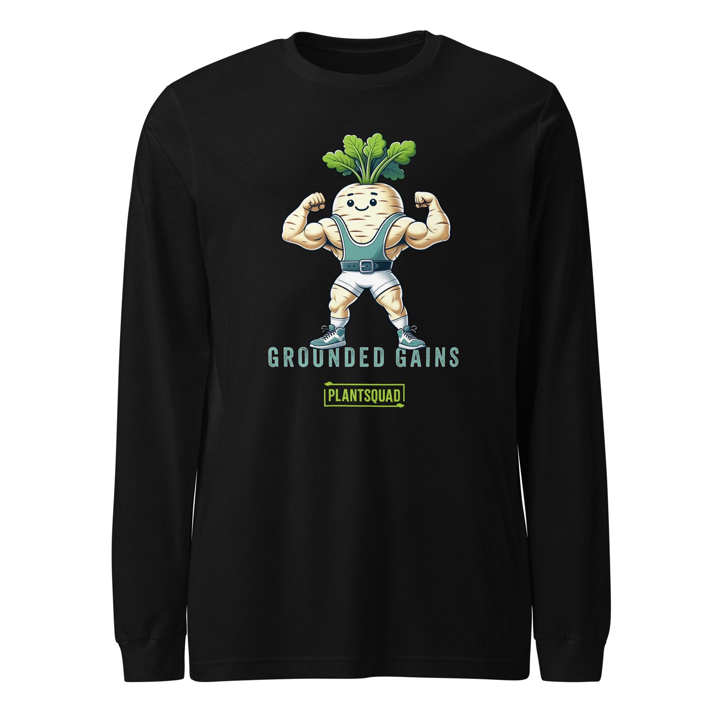 A Plantsquad Parsnip "Grounded Gains" - Unisex Long Sleeve T-Shirt features a muscular anthropomorphic parsnip flexing its biceps. The parsnip wears gym attire and has leafy greens on its head. Text below reads "GROUNDED GAINS" and "PLANTSQUAD," perfect for fitness enthusiasts embracing a vegan lifestyle.