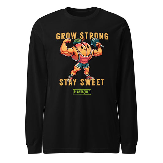 Plantsquad Peach "Grow Strong Stay Sweet" - Unisex Long Sleeve T-Shirt featuring a muscly peach cartoon flexing in athletic wear, holding a dumbbell. Text above reads "GROW STRONG," and below, "STAY SWEET." Perfect for those embracing a plant-based lifestyle, "PLANTSQUAD" is printed at the bottom.