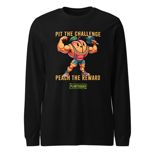 A Plantsquad Peach "Pit The Challenge Peach The Rewards" - Unisex Long Sleeve T-Shirt featuring a muscly peach cartoon character lifting a dumbbell. The text reads, "PIT THE CHALLENGE, PEACH THE REWARD" with a "PLANTSQUAD" logo beneath it. Perfect for fitness enthusiasts embracing the vegan lifestyle, the peach has a happy, determined expression and is wearing workout gear.