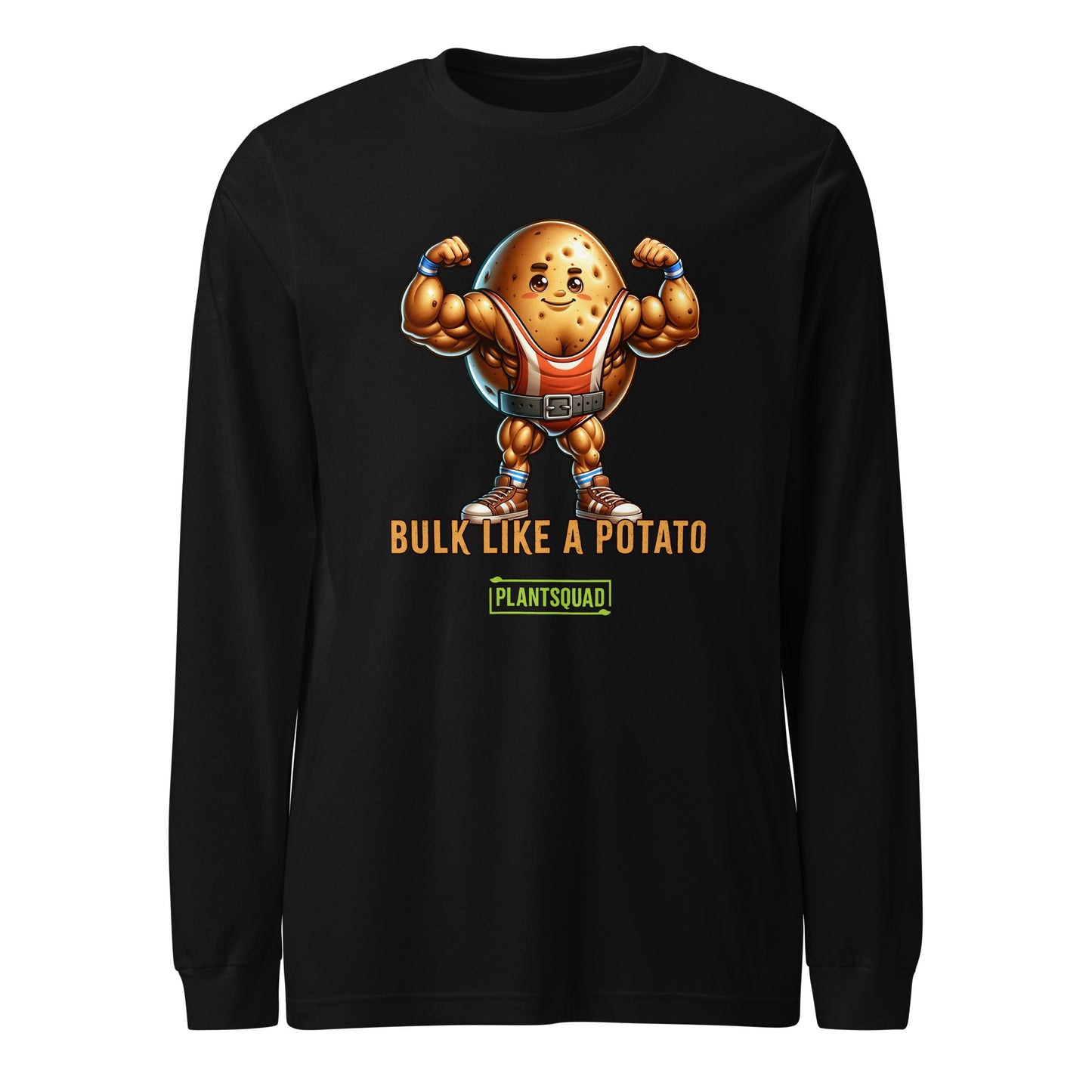 A Plantsquad Potato "Bulk Like A Potato" - Unisex Hoodie featuring a muscular cartoon potato with flexed arms. The text below the potato reads "BULK LIKE A POTATO" and "PLANTSQUAD," making it the perfect apparel for fitness enthusiasts who embrace a vegan lifestyle.