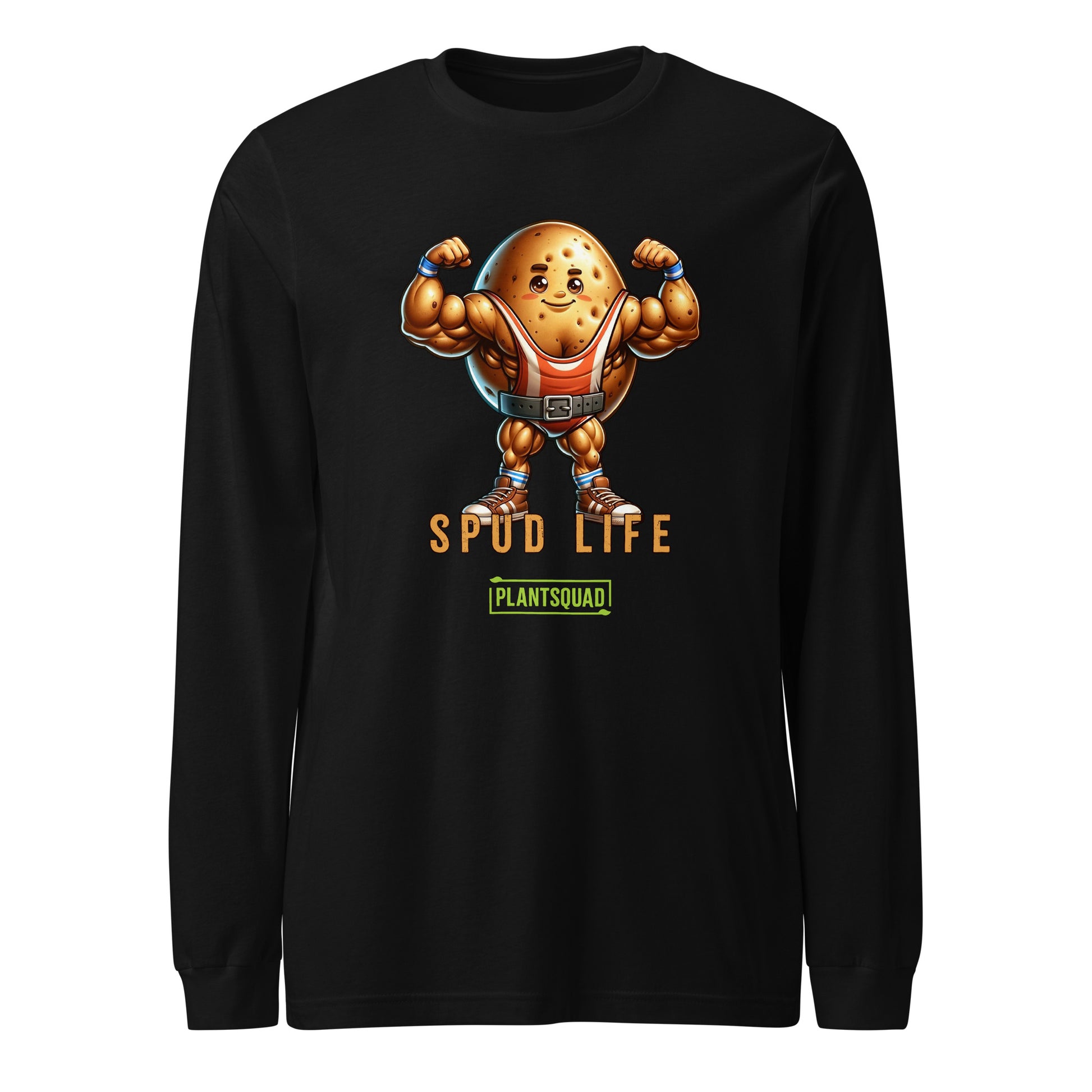 Plantsquad Potato "Spud Life" - Unisex Long Sleeve T-Shirt featuring a muscly potato cartoon flexing its arms and smiling. Perfect for fitness enthusiasts, the text below the character reads "Spud Life" in bold, orange letters and "Plant Squad" in a green box, celebrating the vegan lifestyle.