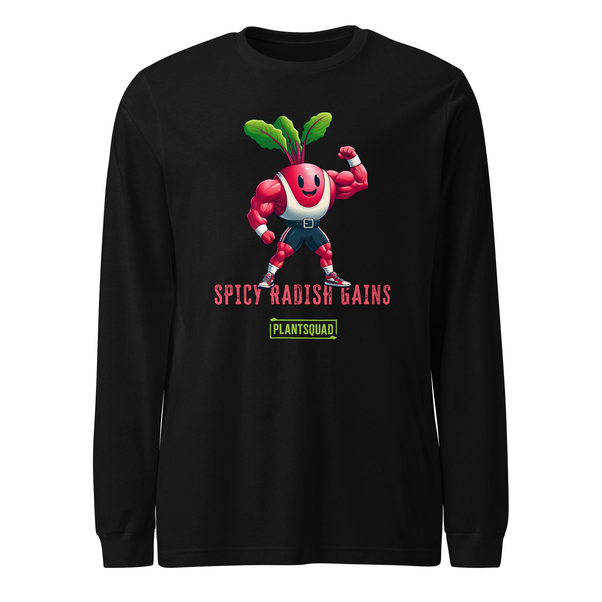 Plantsquad Radish "Spicy Radish Gains" - Unisex Long Sleeve T-Shirt featuring a cartoon image of a muscular, flexing radish in blue shorts and a white belt. Text below the image reads "SPICY RADISH GAINS" in red, with "PLANTSQUAD" in green beneath it. Perfect for fitness enthusiasts embracing a vegan lifestyle.