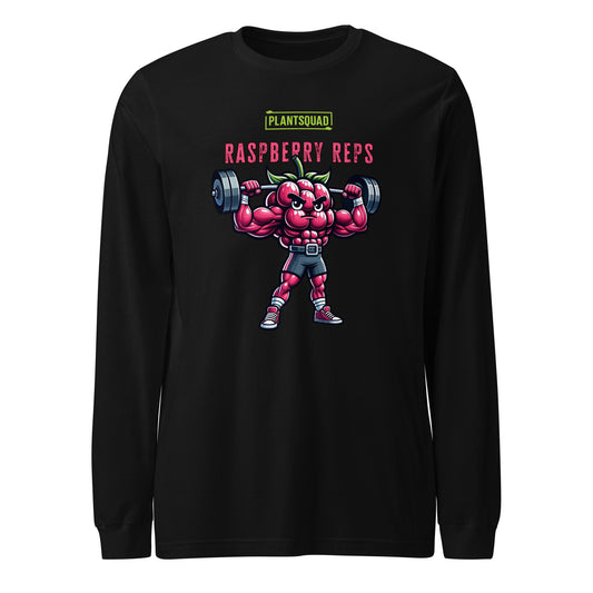 A Plantsquad Raspberry "Raspberry Reps" - Unisex Long Sleeve T-Shirt featuring a muscular, anthropomorphic raspberry lifting dumbbells. Above the raspberry, text reads "PLANTSQUAD," and below, "RASPBERRY REPS" is printed in bold red and white letters. Perfect for fitness enthusiasts who embrace a plant-based, vegan lifestyle.