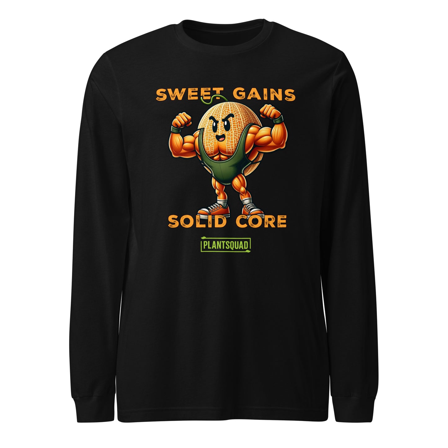 A black long-sleeve shirt features a muscular cartoon carrot flexing its arms. Above the carrot, the text reads "Sweet Gains," and below it, "Solid Core." Beneath this, "PLANTSQUAD" is printed within a green rectangular box, showcasing vegan fitness apparel for those embracing a plant-based lifestyle. The product is named Plantsquad Rockmelon "Sweet Gains Solid Core" - Unisex Long Sleeve T-Shirt.
