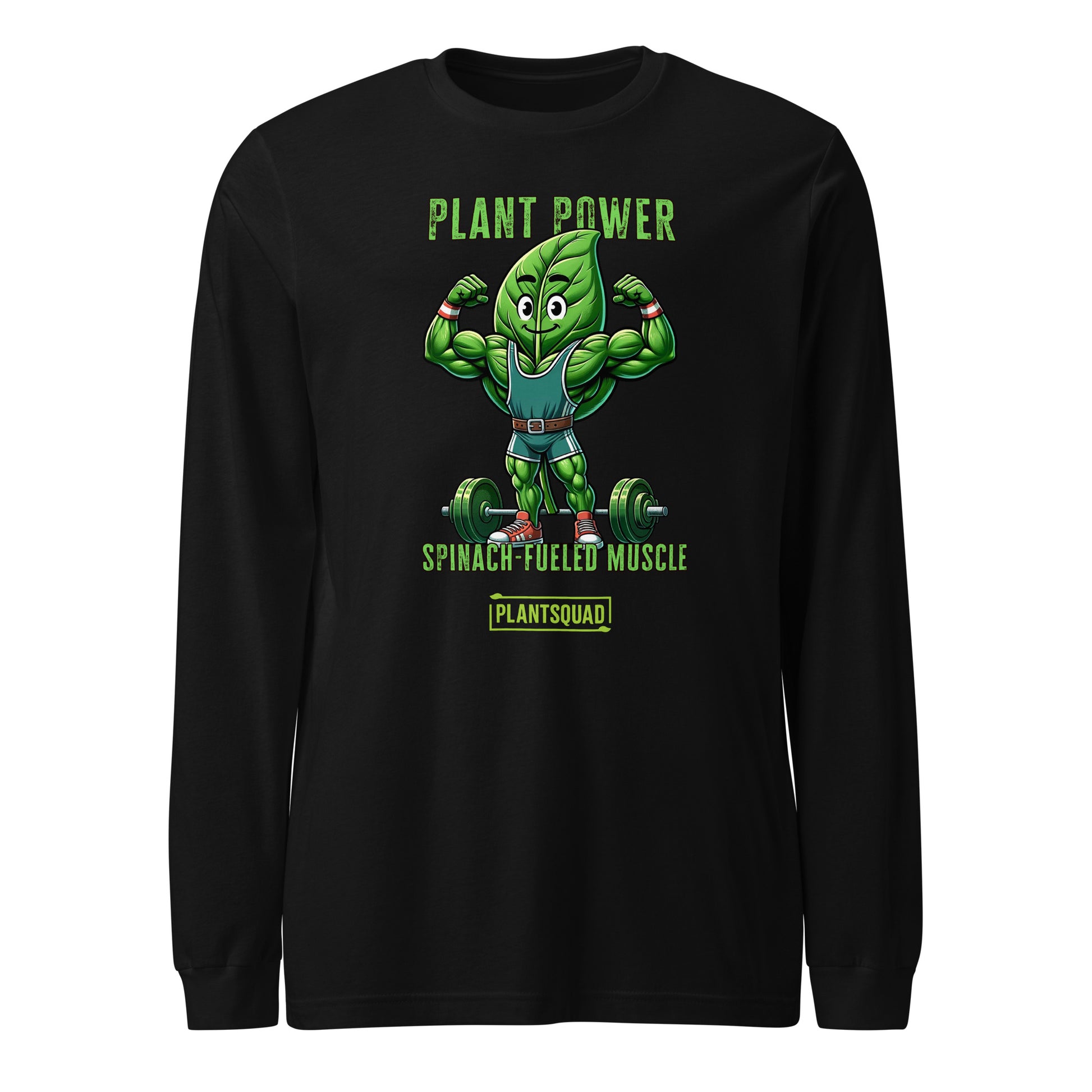 The Plantsquad Spinach "Plant Power Spinach Fueled Muscle" - Unisex Long Sleeve T-Shirt displays a cartoon spinach leaf character lifting weights. The text above reads "PLANT POWER" and below reads "SPINACH-FUELED MUSCLE." A small "PLANTSQUAD" logo is beneath the character. Perfect for fitness enthusiasts embracing a vegan lifestyle, the design is vibrant and green-themed.