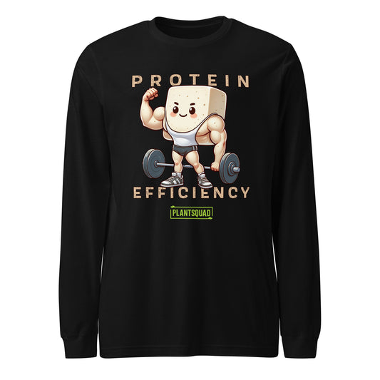 A Plantsquad Tofu "Protein Efficiency" - Unisex Long Sleeve T-Shirt featuring a cartoon block of tofu with muscular arms, lifting a barbell. The text above the cartoon reads "PROTEIN EFFICIENCY" and below it says "PLANTSQUAD" in a green box, perfect for fitness enthusiasts embracing a vegan lifestyle.