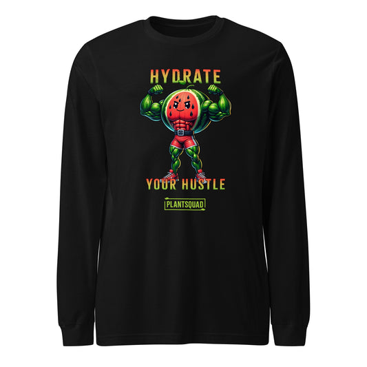 Plantsquad Watermelon "Hydrate Your Hustle" - Unisex Long Sleeve T-Shirt featuring a muscular anthropomorphic watermelon holding a water bottle. Text above the character reads, "Hydrate Your Hustle" in bold letters, and below it says "PlantSquad." The design is vibrant with a superhero theme, perfect for those embracing a vegan fitness journey.