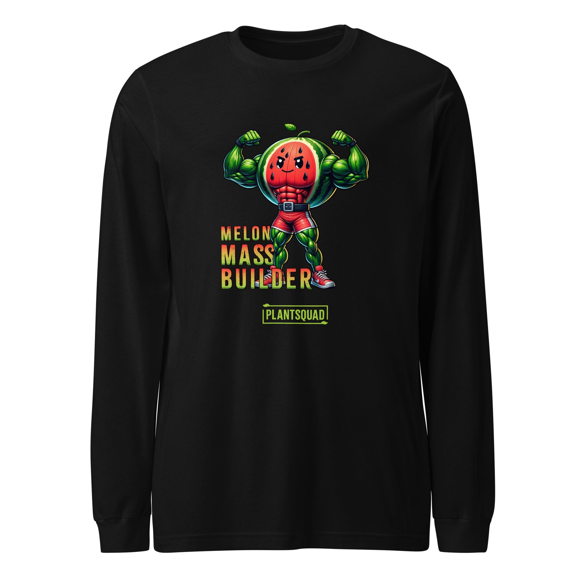 A Plantsquad Watermelon "Melon Mass Builder" - Unisex Long Sleeve T-Shirt featuring a muscular cartoon character with a watermelon head, flexing its arms. Perfect for fitness enthusiasts embracing the vegan lifestyle, the text "MELON MASS BUILDER" in red and yellow is printed next to the character, with "PLANTSQUAD" beneath it in green.