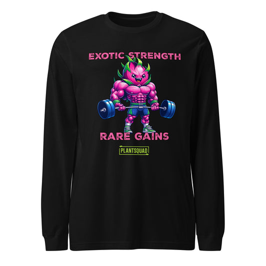 A Plantsquad Dragonfruit "Exotic Strength Rare Gains" - Unisex Long Sleeve T-Shirt featuring a bold, colorful illustration of a muscle-bound character with green hair lifting two dumbbells. The text "EXOTIC STRENGTH" appears above and "RARE GAINS" below the character, with "PLANTSQUAD" written at the bottom—a must-have for fitness enthusiasts embracing the vegan lifestyle.