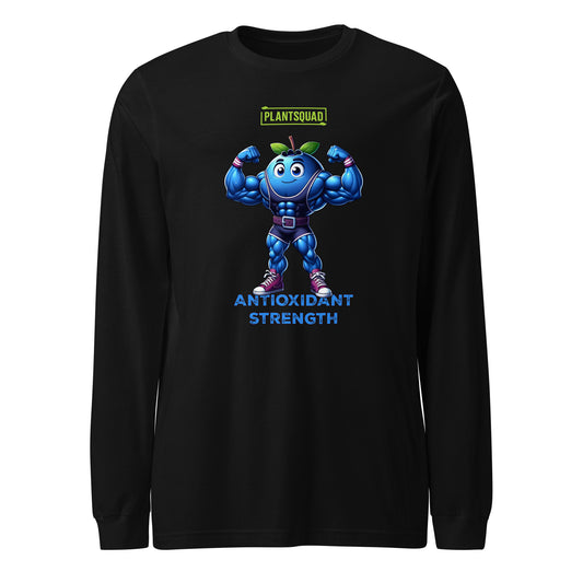 Product Description: Plantsquad Blueberry "Antioxidant Strength" - Unisex Long Sleeve T-Shirt featuring an illustrated blue, muscular cartoon superhero resembling a muscly blueberry with antennas, flexing its arms. Above the character, the text reads "PLANTSQUAD," and below, it says "ANTIOXIDANT STRENGTH" in blue letters. Perfect for promoting a plant-based lifestyle and vegan fitness.