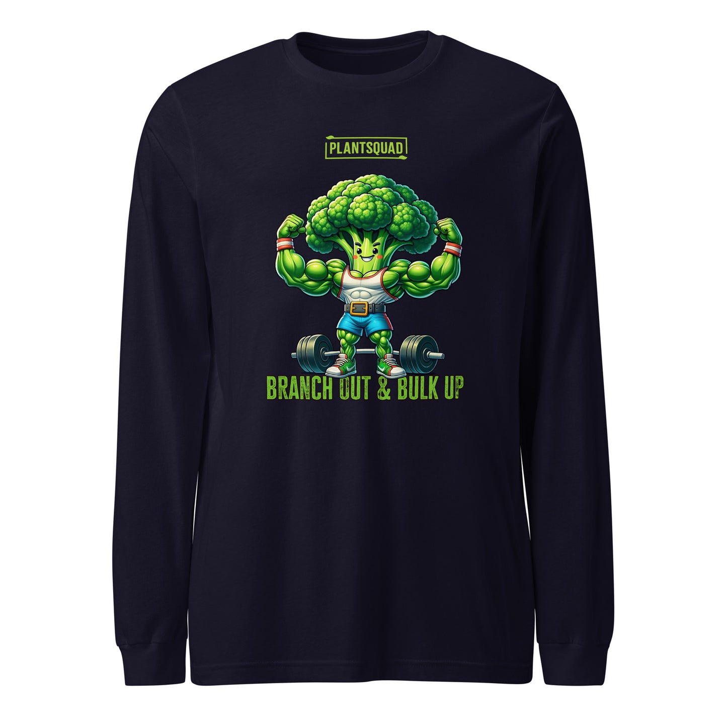 Plantsquad Broccoli "Branch Out & Bulk Up" - Unisex Long Sleeve T-Shirt: A black long-sleeve shirt featuring a muscly broccoli cartoon lifting a barbell. Above the character, it says "PLANTSQUAD," and below, it says "BRANCH OUT & BULK UP!" in green and yellow text—a must-have for fitness enthusiasts embracing a plant-based lifestyle.