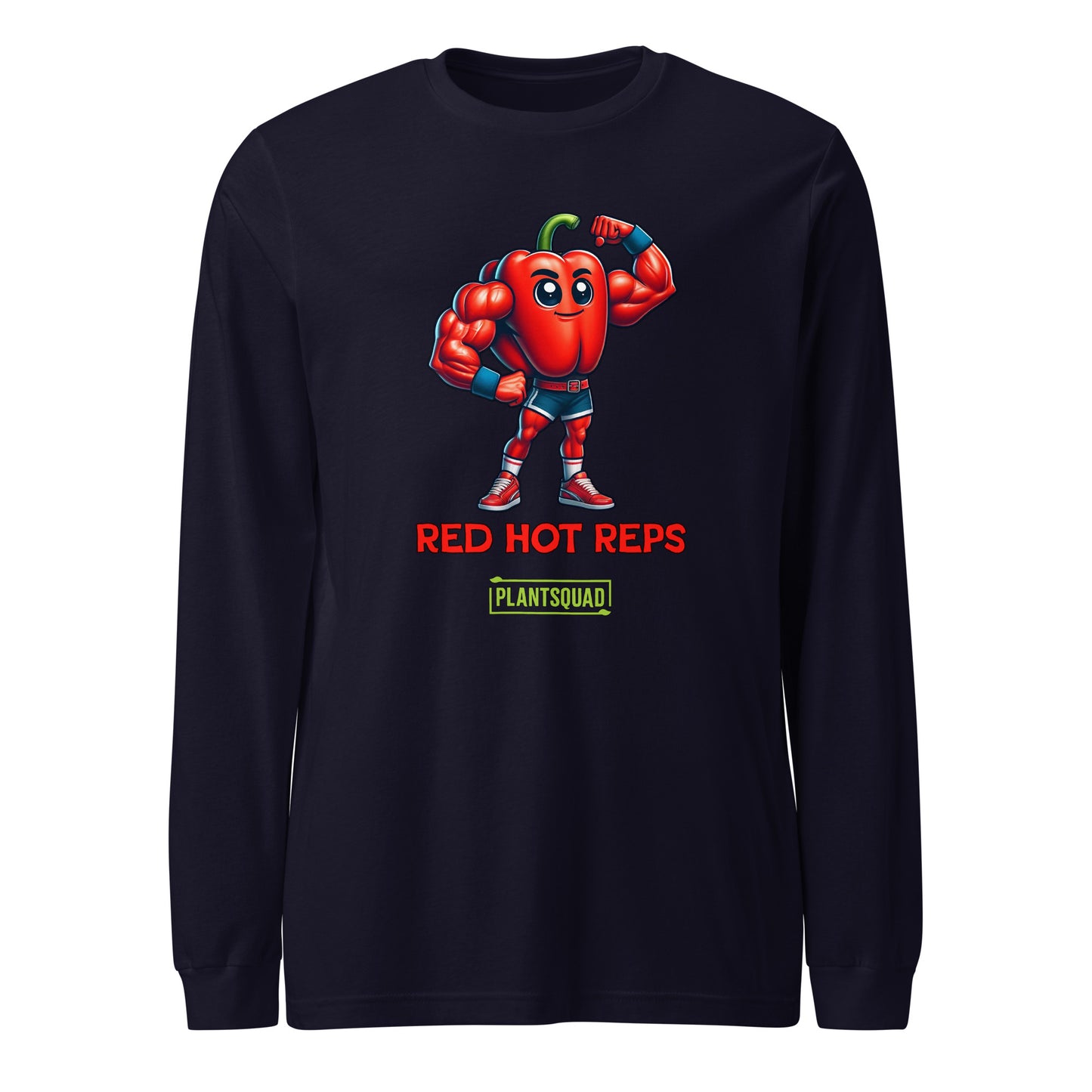 A Plantsquad Capscium "Red Hot Reps" - Unisex Long Sleeve T-Shirt perfect for fitness enthusiasts, featuring a cartoon image of a muscular chili pepper character flexing its arms. Text below the image reads "RED HOT REPS" in red letters, and underneath is the "PLANTSQUAD" logo in green, celebrating a vegan lifestyle.