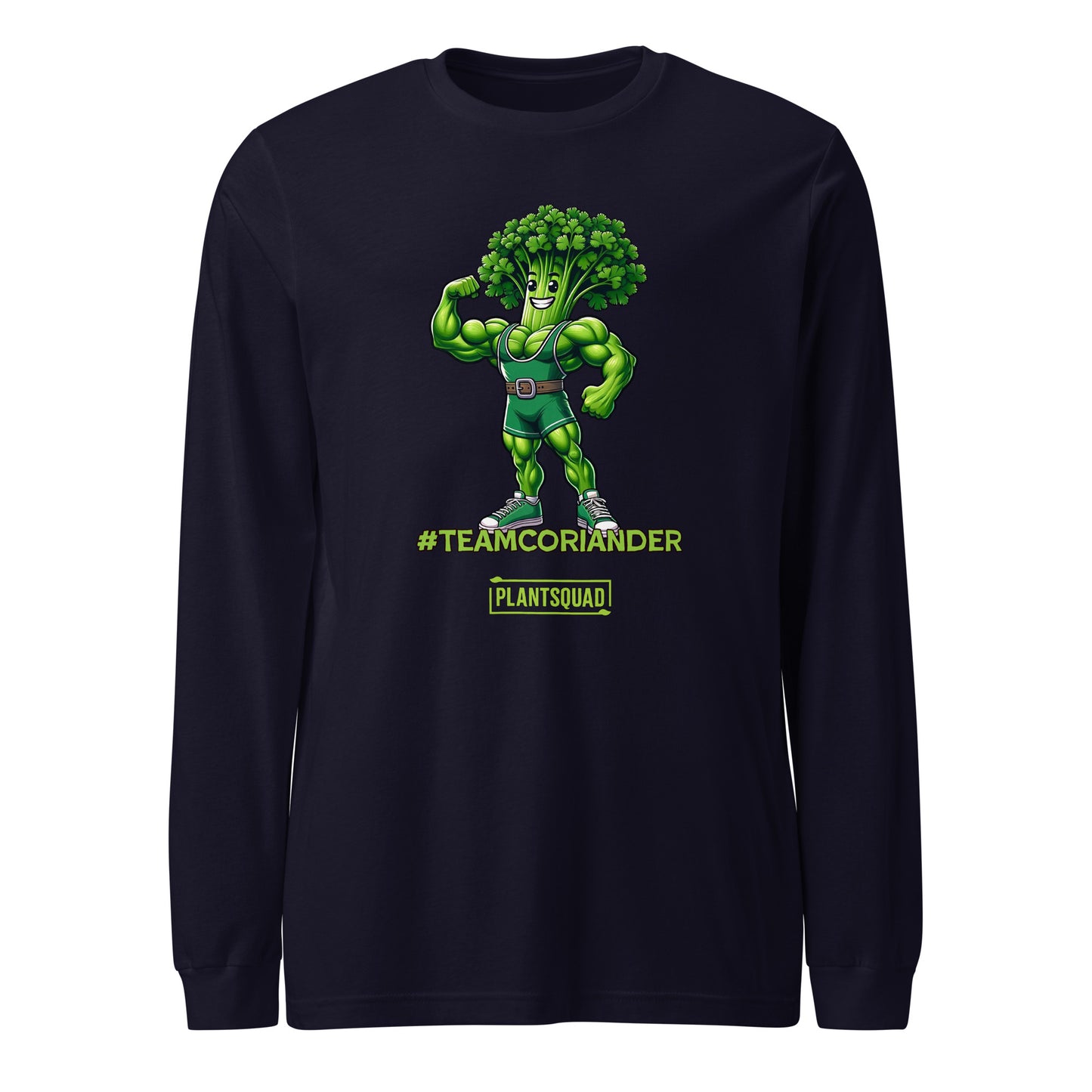 A Plantsquad Coriander "Team Coriander" - Unisex Long Sleeve T-Shirt featuring a muscly coriander cartoon character with a bodybuilder physique and a head of coriander leaves. The text "#TEAMCORIANDER" is displayed below the character, along with the logo "PLANTSQUAD" underneath. Perfect for fitness enthusiasts embracing a vegan lifestyle.