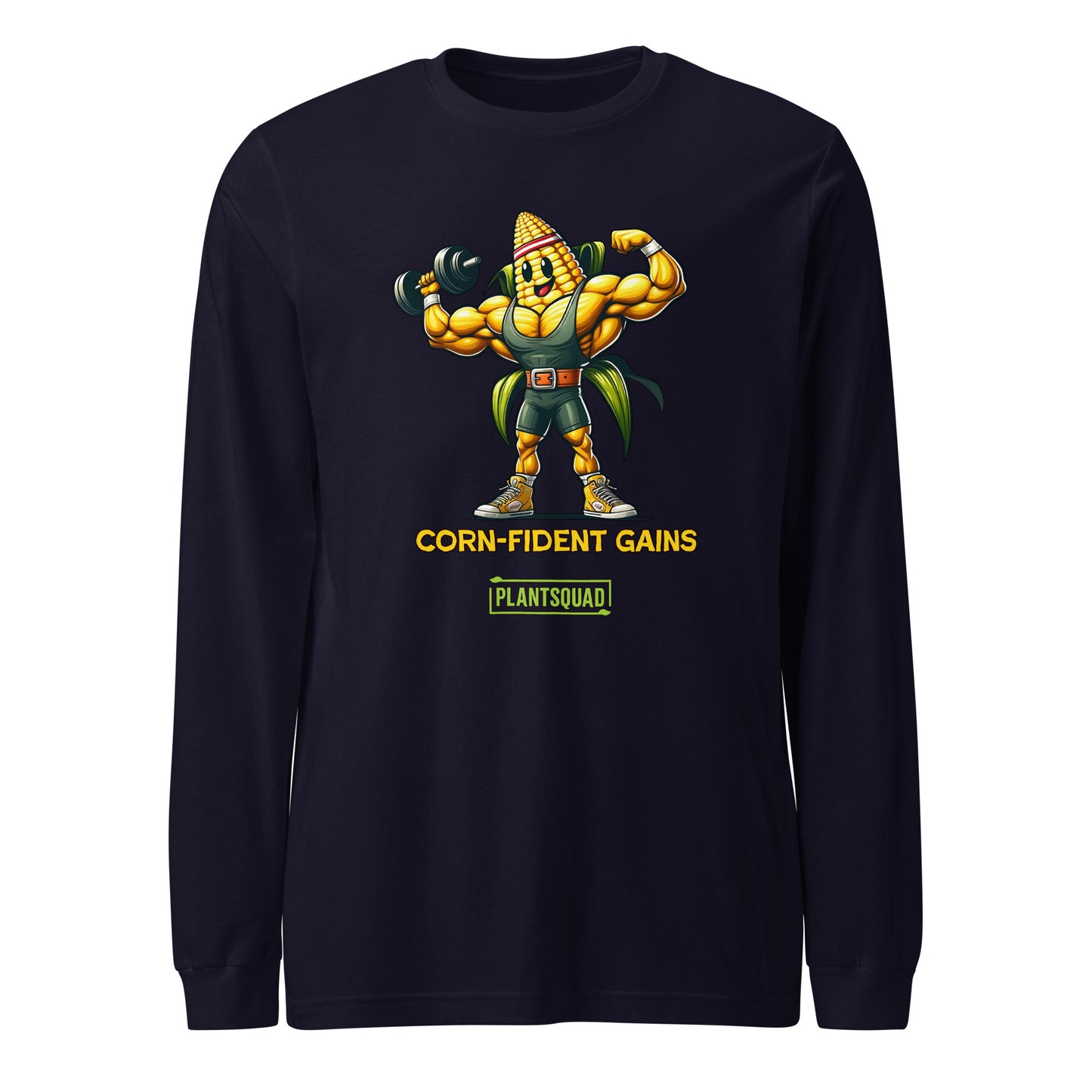 A Plantsquad Corn "Corn-fident Gains" - Unisex Long Sleeve T-Shirt features a muscular corn cob character lifting a dumbbell. The text below the character reads, "CORN-FIDENT GAINS" and "PLANTSQUAD," perfect for those embracing a plant-based, vegan lifestyle through fitness apparel.