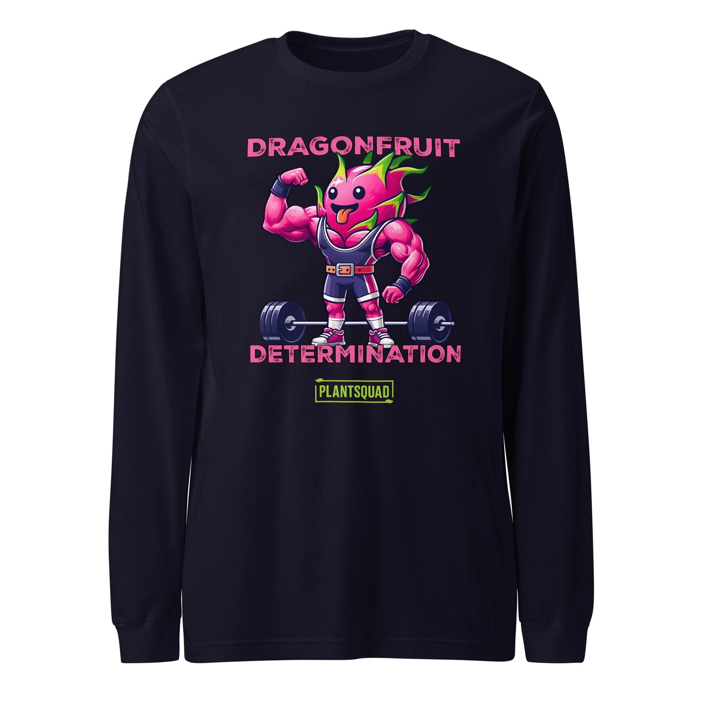 A Plantsquad Dragonfruit "Dragonfruit Determination" - Unisex Long Sleeve T-Shirt featuring a muscular anthropomorphic dragon fruit lifting a barbell. The text above reads "DRAGONFRUIT" and "DETERMINATION," while the text below says "PLANTSQUAD." The vibrant design highlights vegan fitness apparel with pink skin, green leaves, and purple gym attire.