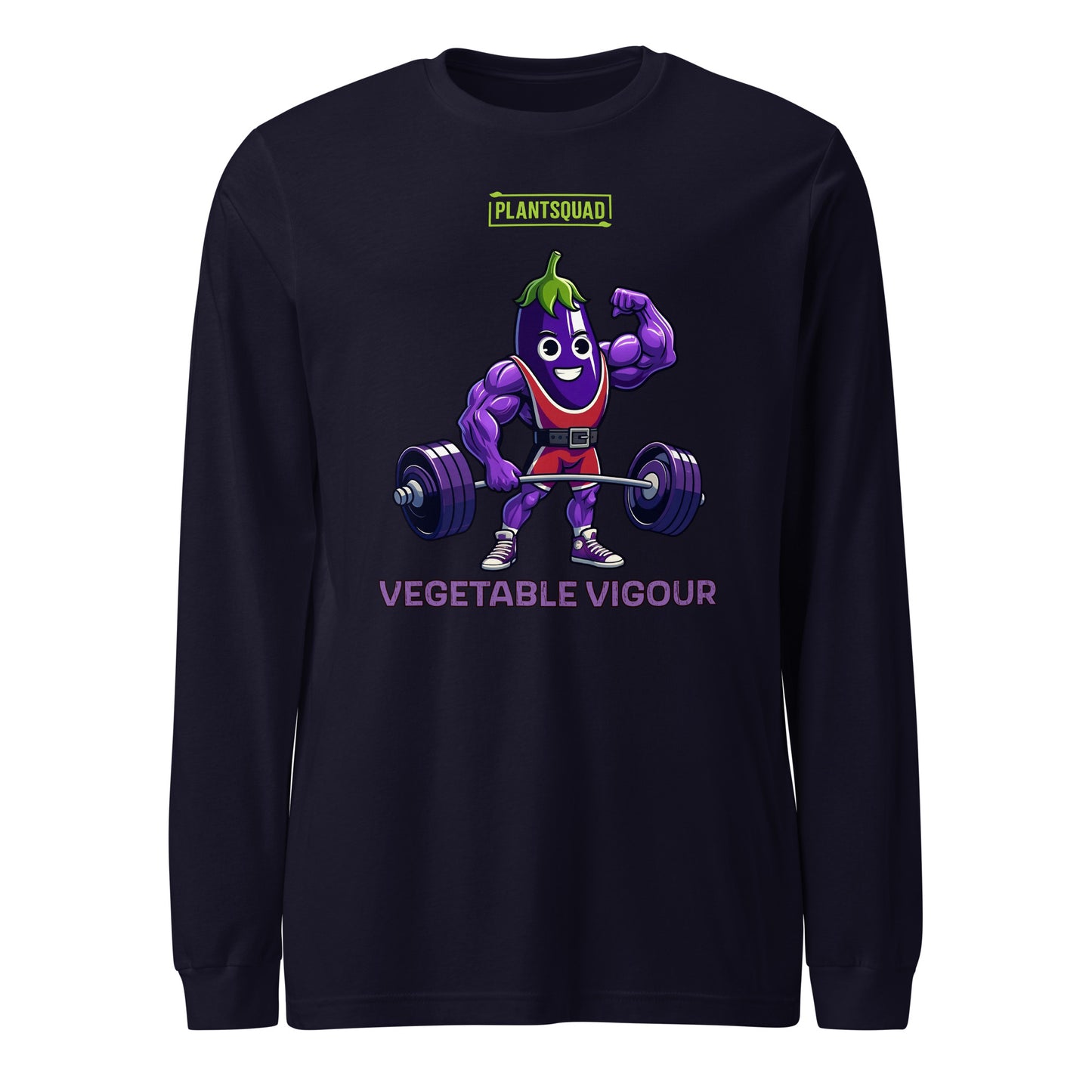 The Plantsquad Eggplant "Vegetable Vigour" - Unisex Long Sleeve T-Shirt features a cartoon eggplant character lifting a barbell. The eggplant is muscular, smiling, and wearing red shorts. Above the character, the text reads "PLANTSQUAD." Below, the text says "VEGETABLE VIGOUR" in bold purple letters—perfect for fitness enthusiasts embracing a vegan lifestyle.