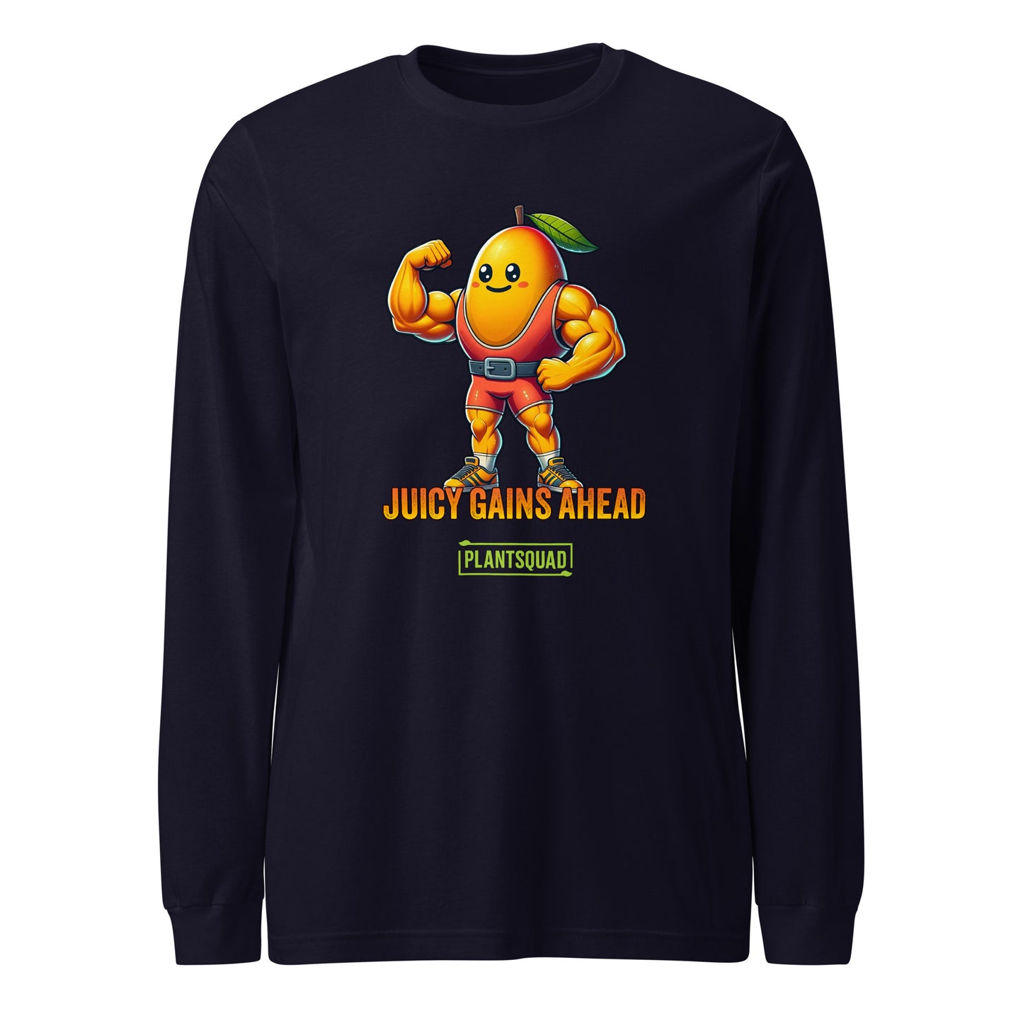 A black long-sleeve workout shirt featuring an illustration of a muscular anthropomorphic mango wearing a red leotard with green boots. Perfect for fitness enthusiasts, the text below reads "JUICY GAINS AHEAD" and "PLANTSQUAD," embracing the Vegan lifestyle. This is the Plantsquad Mango "Juicy Gains Ahead" - Unisex Long Sleeve T-Shirt.