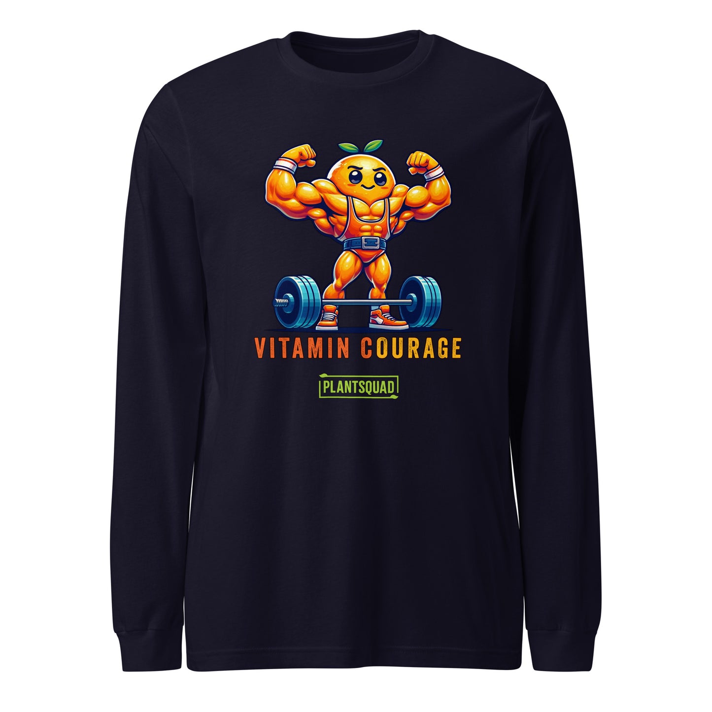 A black long-sleeve shirt features a muscular orange cartoon character lifting weights and flexing its arms. Text below the character reads "VITAMIN COURAGE" in orange letters and "PLANTSQUAD" in a green box, making it perfect for fitness enthusiasts embracing a vegan lifestyle. This is the Plantsquad Orange "Vitamin Courage" - Unisex Long Sleeve T-Shirt.