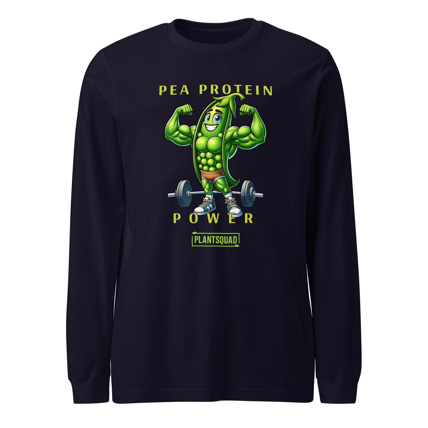 A Plantsquad Peas "Pea Protein Power" - Unisex Long Sleeve T-Shirt featuring a cartoon image of a muscular pea pod flexing its arms above a barbell. Text above reads "PEA PROTEIN POWER," and below the image is the word "PLANTSQUAD." Perfect for fitness enthusiasts embracing a plant-based, vegan lifestyle.