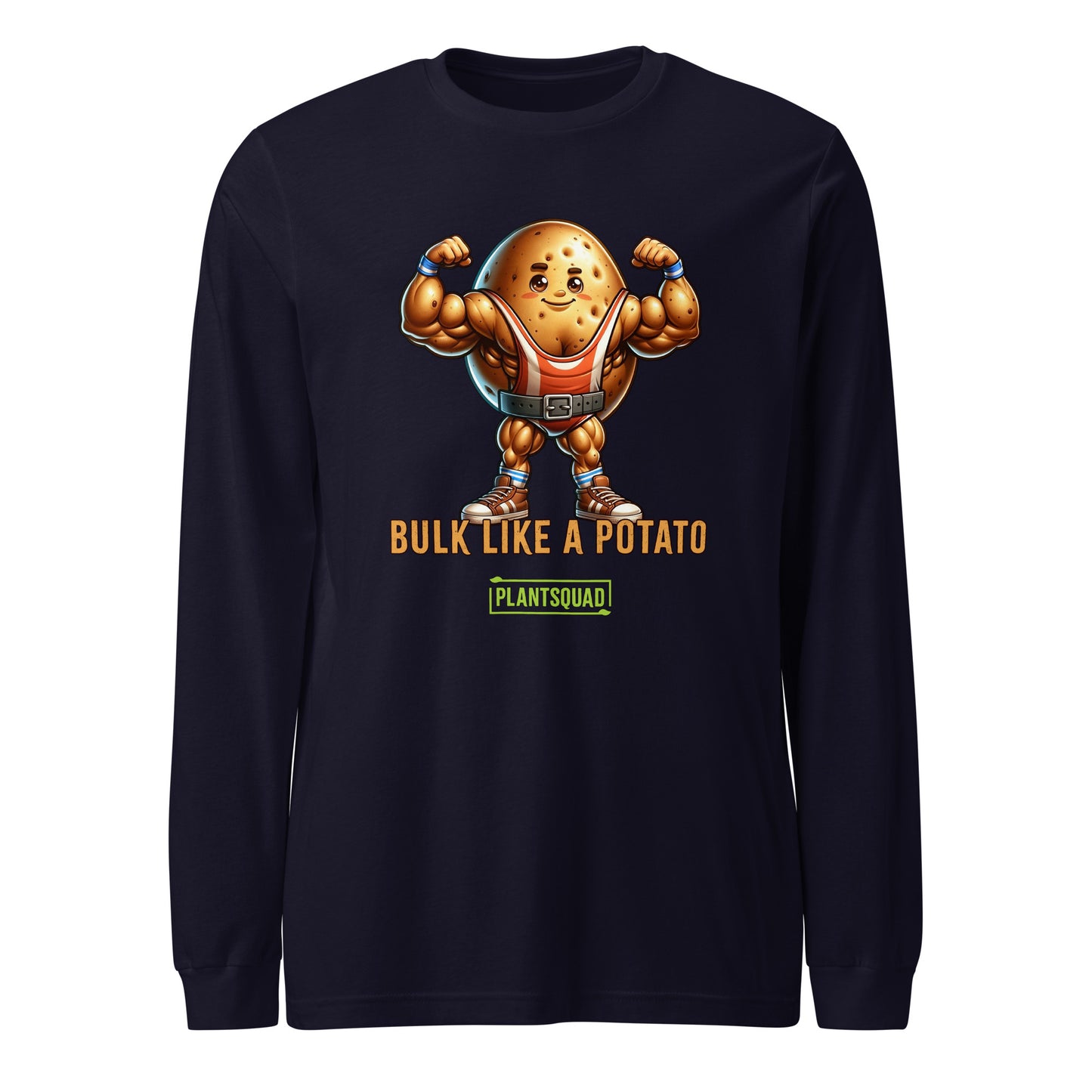 A Plantsquad Potato "Bulk Like A Potato" - Unisex Hoodie featuring a muscular cartoon potato with flexed arms. The text below the potato reads "BULK LIKE A POTATO" and "PLANTSQUAD," making it the perfect apparel for fitness enthusiasts who embrace a vegan lifestyle.