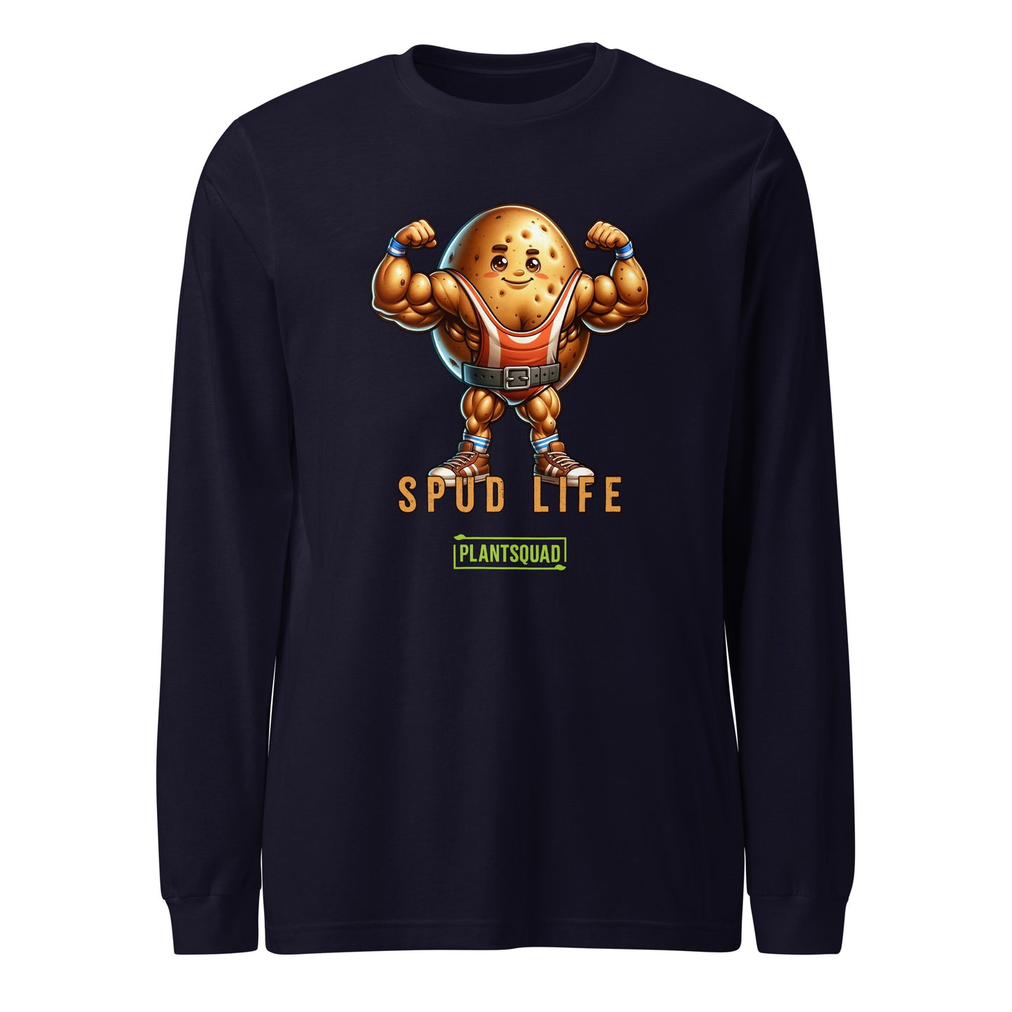 Plantsquad Potato "Spud Life" - Unisex Long Sleeve T-Shirt featuring a muscly potato cartoon flexing its arms and smiling. Perfect for fitness enthusiasts, the text below the character reads "Spud Life" in bold, orange letters and "Plant Squad" in a green box, celebrating the vegan lifestyle.