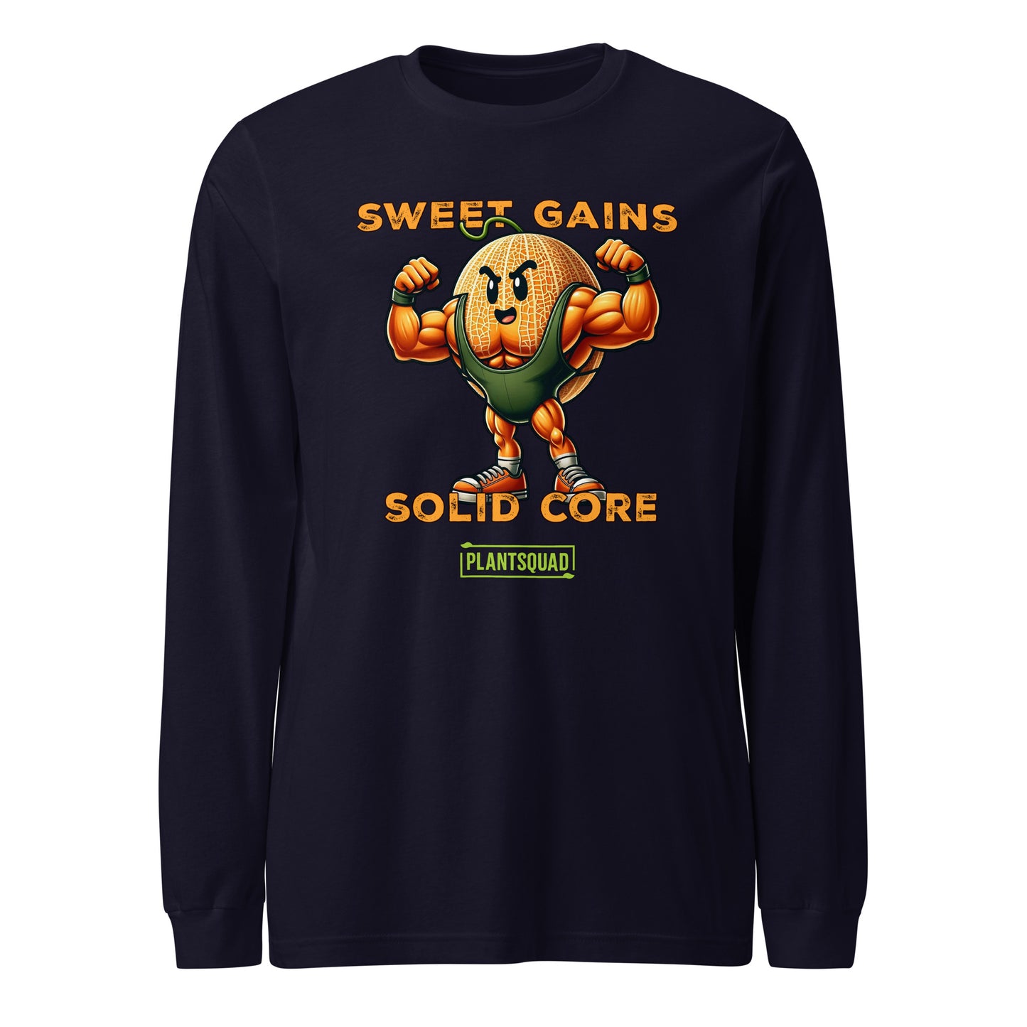 A black long-sleeve shirt features a muscular cartoon carrot flexing its arms. Above the carrot, the text reads "Sweet Gains," and below it, "Solid Core." Beneath this, "PLANTSQUAD" is printed within a green rectangular box, showcasing vegan fitness apparel for those embracing a plant-based lifestyle. The product is named Plantsquad Rockmelon "Sweet Gains Solid Core" - Unisex Long Sleeve T-Shirt.