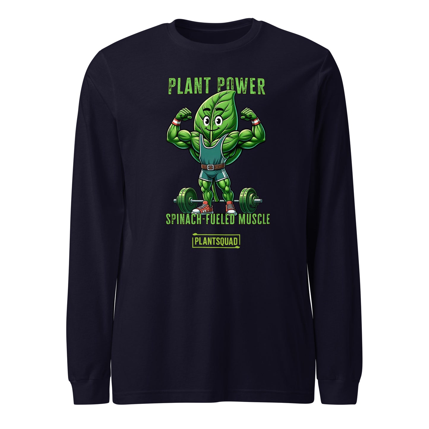 The Plantsquad Spinach "Plant Power Spinach Fueled Muscle" - Unisex Long Sleeve T-Shirt displays a cartoon spinach leaf character lifting weights. The text above reads "PLANT POWER" and below reads "SPINACH-FUELED MUSCLE." A small "PLANTSQUAD" logo is beneath the character. Perfect for fitness enthusiasts embracing a vegan lifestyle, the design is vibrant and green-themed.