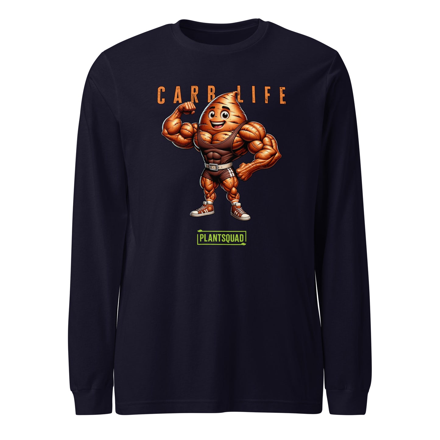 Plantsquad Sweet Potato "Carb Life" - Unisex Long Sleeve T-Shirt showcasing a muscular cartoon potato flexing its biceps, with the text "CARB LIFE" above and "PLANTSQUAD" below—perfect for fitness enthusiasts embracing the vegan lifestyle.