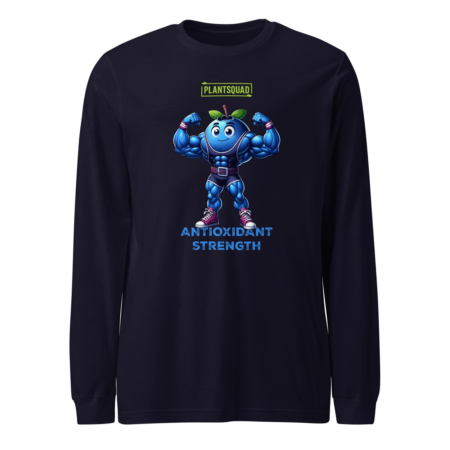 Product Description: Plantsquad Blueberry "Antioxidant Strength" - Unisex Long Sleeve T-Shirt featuring an illustrated blue, muscular cartoon superhero resembling a muscly blueberry with antennas, flexing its arms. Above the character, the text reads "PLANTSQUAD," and below, it says "ANTIOXIDANT STRENGTH" in blue letters. Perfect for promoting a plant-based lifestyle and vegan fitness.