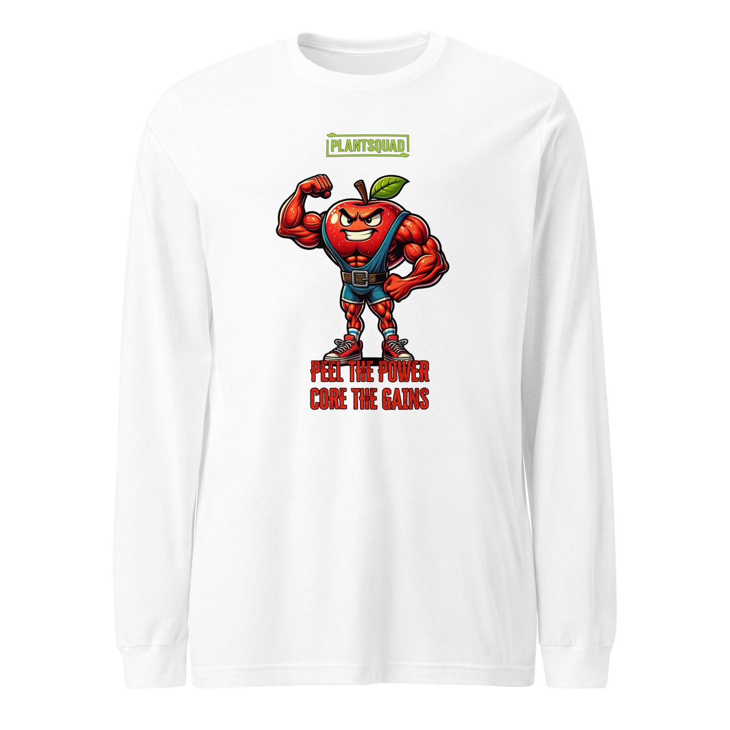 Plantsquad Apple "Peel The Power Core The Gains" - Unisex Long Sleeve T-Shirt featuring a muscly apple design, flexing with a confident expression, wearing blue suspenders and red boots. The text "PLANTSQUAD" hovers above the apple, while below reads "PEEL THE POWER CORE THE GAINS" in bold red text—perfect for promoting a plant-based lifestyle.