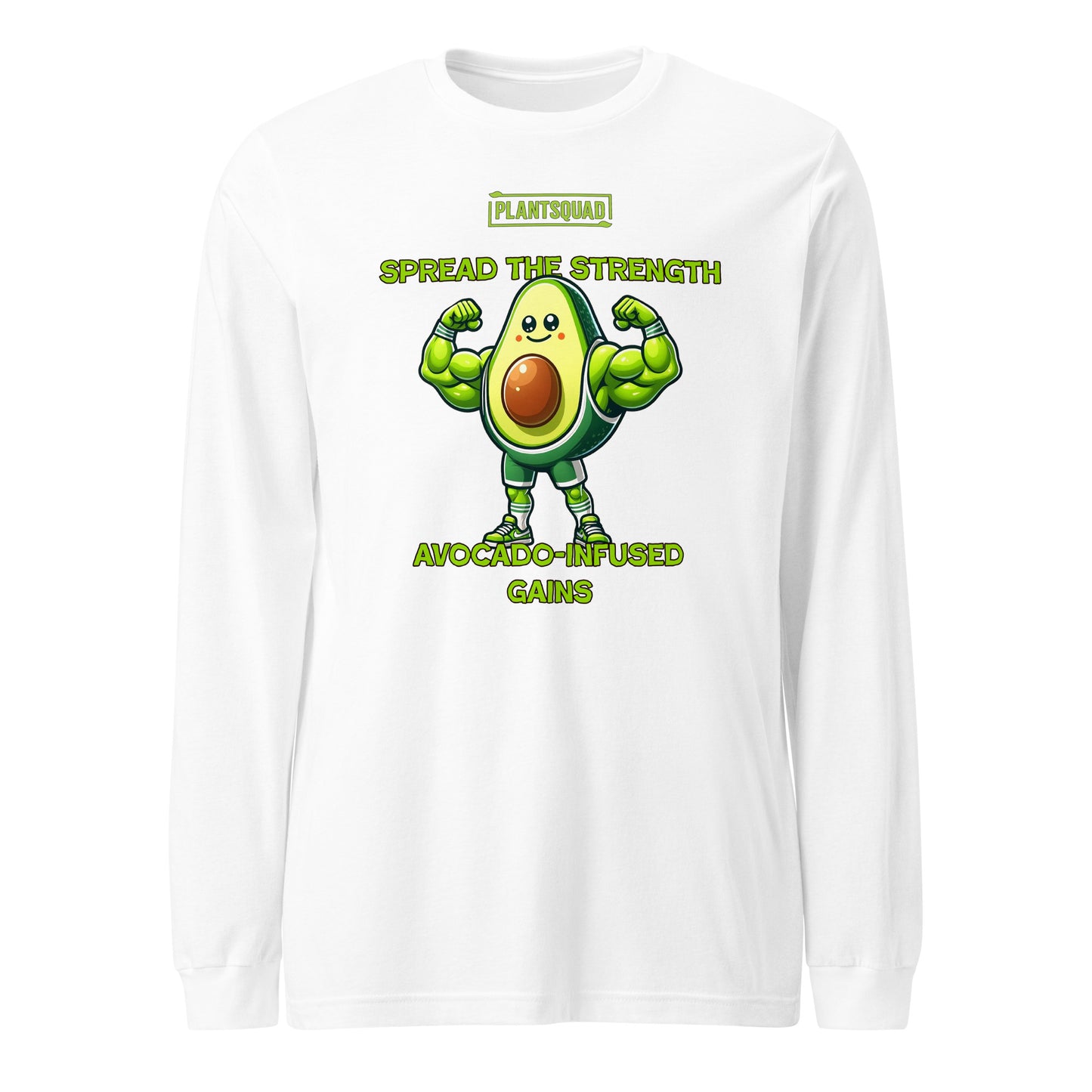 A black long-sleeve shirt features a muscular avocado cartoon flexing its arms. Above, it says "Plantsquad" and "Spread the Strength." Below the avocado, the text reads "Avocado-Infused Gains," perfect for fitness enthusiasts embracing a vegan lifestyle. This is the Plantsquad Avocado "Spread The Strength Avocado-Infused Gains" - Unisex Long Sleeve T-Shirt.