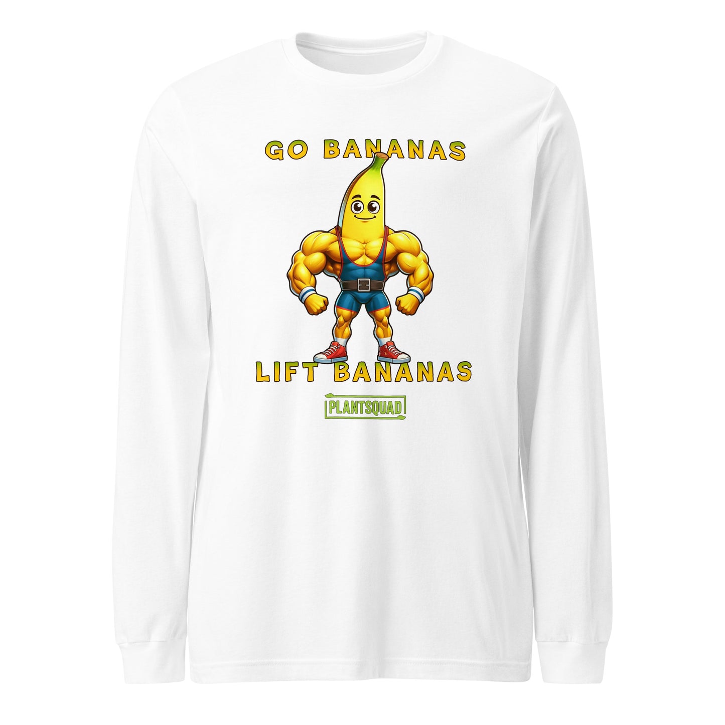 The Plantsquad Banana "Go Bananas Lift Bananas" - Unisex Long Sleeve T-Shirt features a muscular cartoon banana character wearing blue shorts and white shoes. The text above the banana says, "GO BANANAS," and the text below says, "LIFT BANANAS." Perfect for fitness enthusiasts embracing a plant-based lifestyle, it sports the logo "PLANTSQUAD" at the bottom.