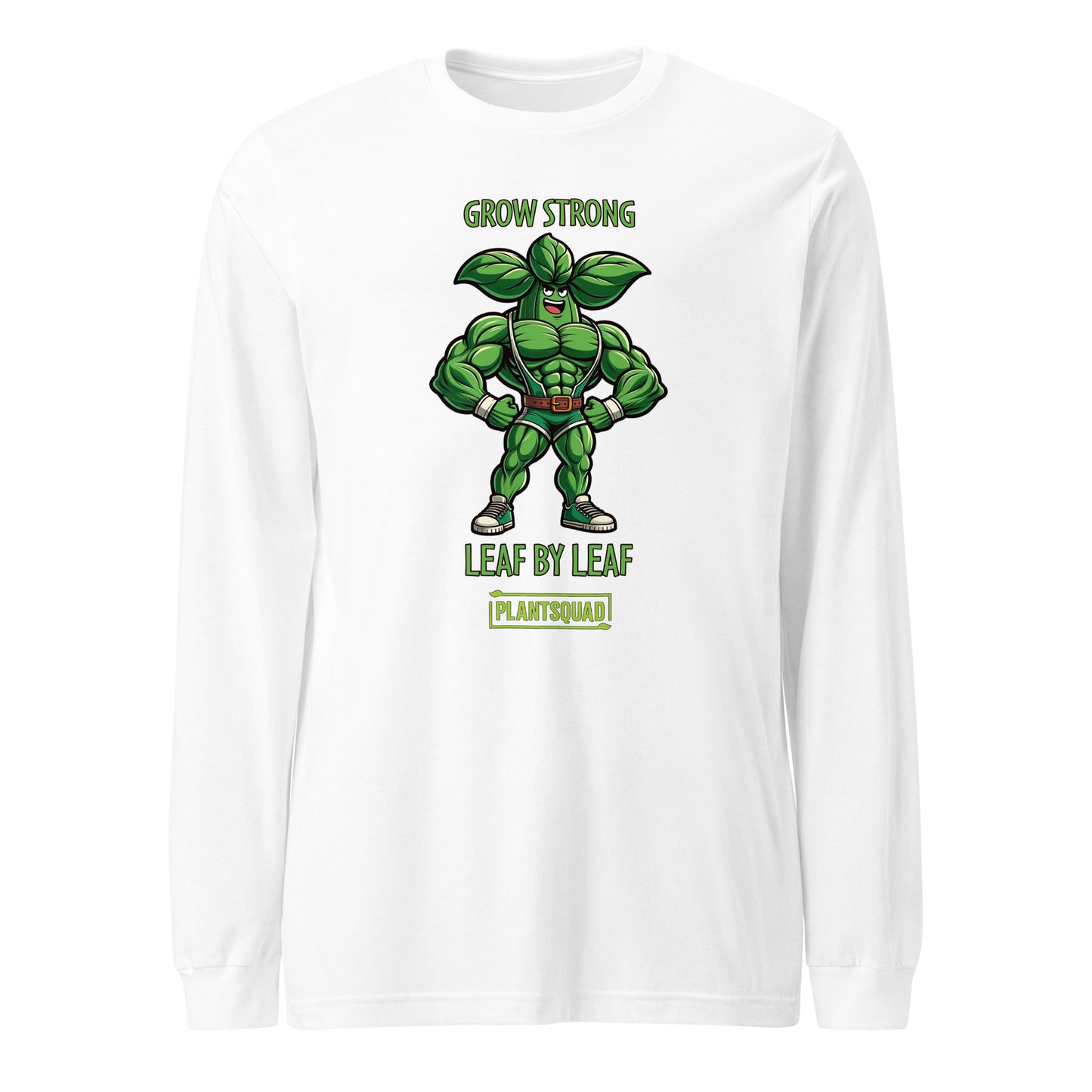 A black long-sleeve t-shirt featuring an illustration of a muscular, anthropomorphic green leaf superhero. Above the image is the text "GROW STRONG," and below it reads "LEAF BY LEAF." The bottom features the word "PLANTSQUAD," perfect for those embracing a vegan lifestyle or seeking plant-based clothing. Introducing the Plantsquad Basil "Grow Strong Leaf By Leaf" - Unisex Long Sleeve T-Shirt.